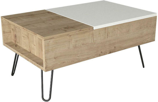 Rectangular Central Coffee Table Limnos Wooden with Lifting Mechanism Natural/White W80xL50xH39cm