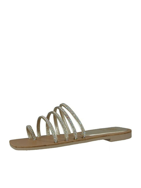 Leather Women's Flat Sandals in Gold Color