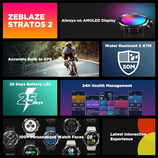 Zeblaze Stratos 2 Stainless Steel 46mm Αδιάβροχο Smartwatch με Παλμογράφο (Meteorite Black)