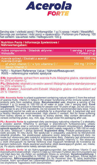 AllNutrition Acerola Forte Βιταμίνη για Ενίσχυση του Ανοσοποιητικού, τo Δέρμα & Αντιοξειδωτική δράση Unflavoured 100gr