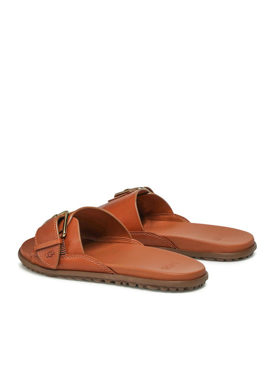 Buckle Leather Women's Flat Sandals in Tabac Brown Color