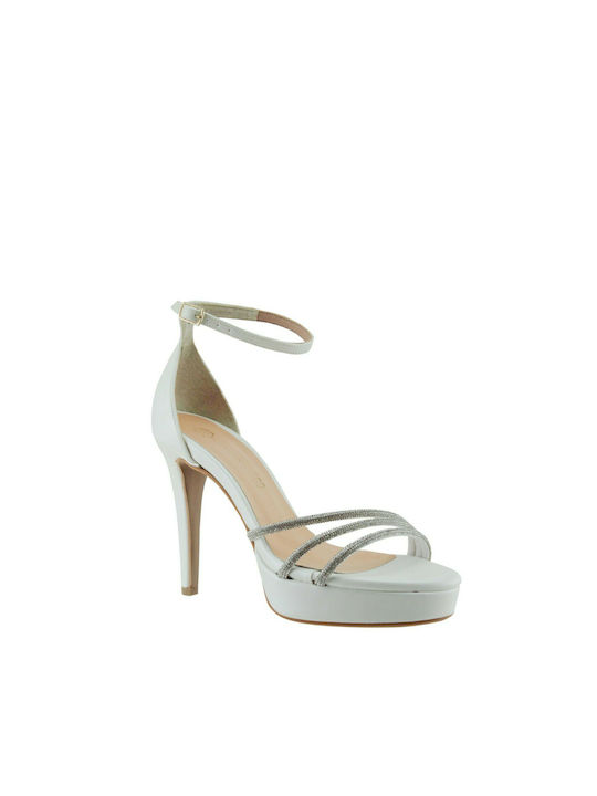 Stefania Platform Leather Women's Sandals S with Strass & Ankle Strap White with Chunky High Heel