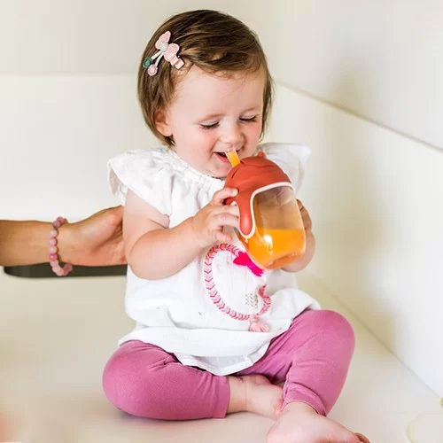 Babyono Παιδικό Ποτηράκι με Λαβές και Καλαμάκι από Σιλικόνη Ροζ 240ml για 6m+