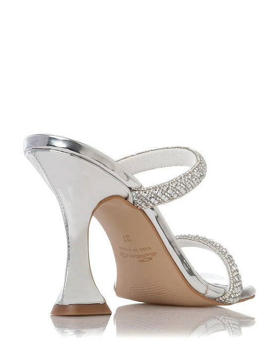 Leather Women's Sandals with Thin High Heel In Silver Colour