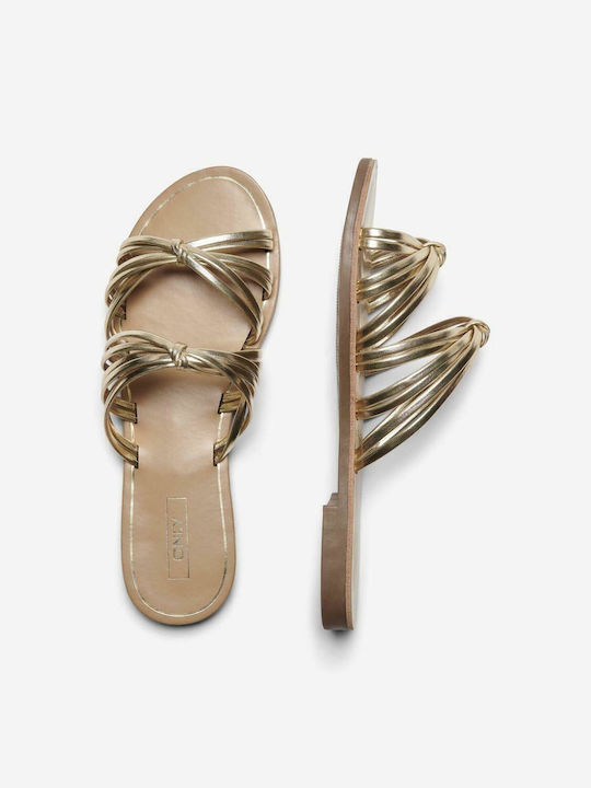Leder Flache Sandalen für Damen in Gold Farbe