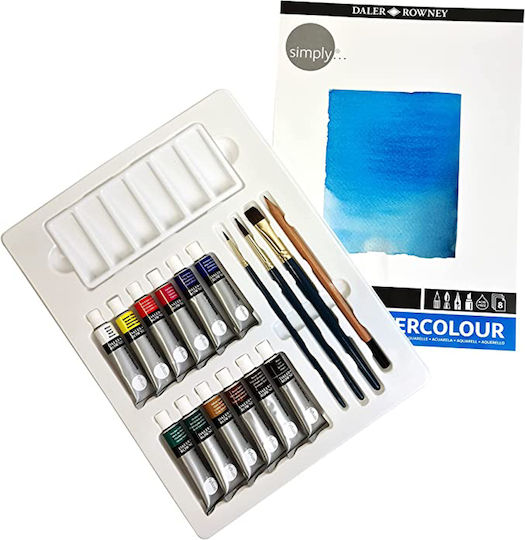 Daler Rowney Watercolour Set Malsets Aquarell-Set 12x12ml / 3 Pinsel / 8 Papiere / 1 Zeichenstift / 1 Palette 31x23cm 25Stück