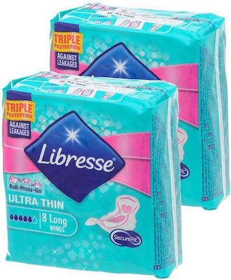 Libresse Ultra Thin Long Prosoape igienice cu aripi pentru Debit puternic 5 picături în Pachet dublu 2x8 buc