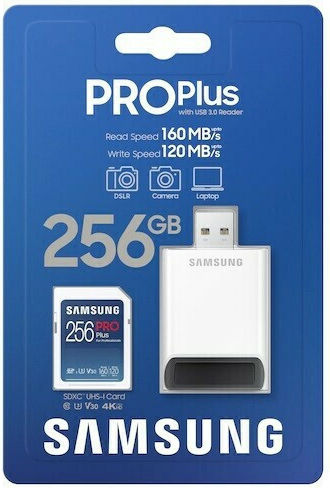 Samsung Pro Plus SDXC 256GB U3 V30 UHS-I 160MB/s с USB четец