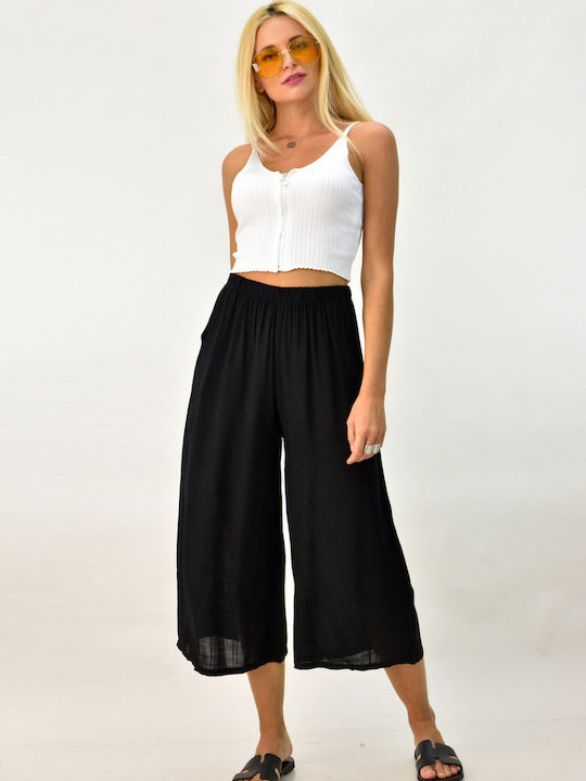 Women's High-waisted Fabric Trousers with Elastic in Straight Line Black