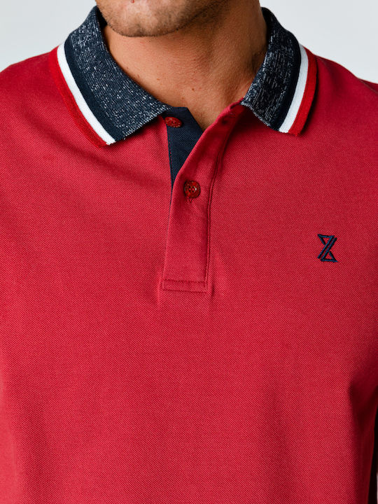 Snta Polo Pique with Short Sleeve & Melange Striped Yoke - Red