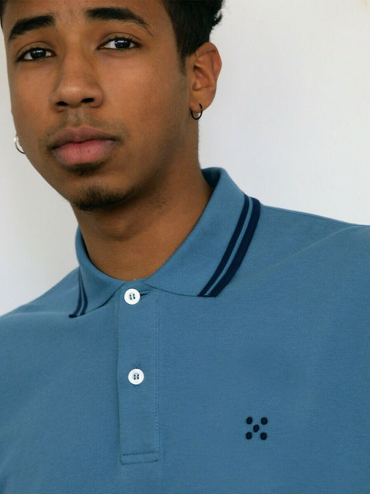 Hoodloom Polo Pique with Short Sleeve & Striped Collar & Logo Embr. - Blue Raffle