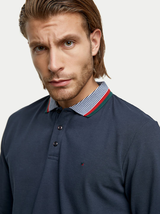 RedGreen Polo Pique mit langen Ärmeln und gestreiftem Kragen - Blue Navy