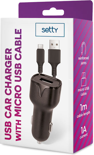 Setty Auto-Ladegerät 1A mit einem Anschluss: 1xUSB mit Kabel Mikro-USB Schwarz Farbe