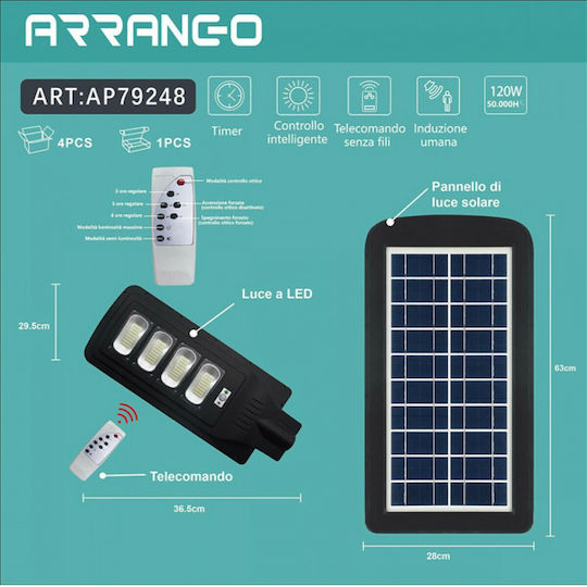 Arrango Ηλιακό Φωτιστικό Δρόμου 120W Ψυχρό Λευκό 6500K με Αισθητήρα Κίνησης IP65 36.5x29.5εκ.