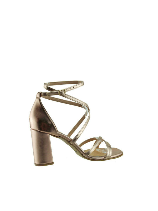 Stefania Women's Sandals with Ankle Strap Gold with Chunky High Heel