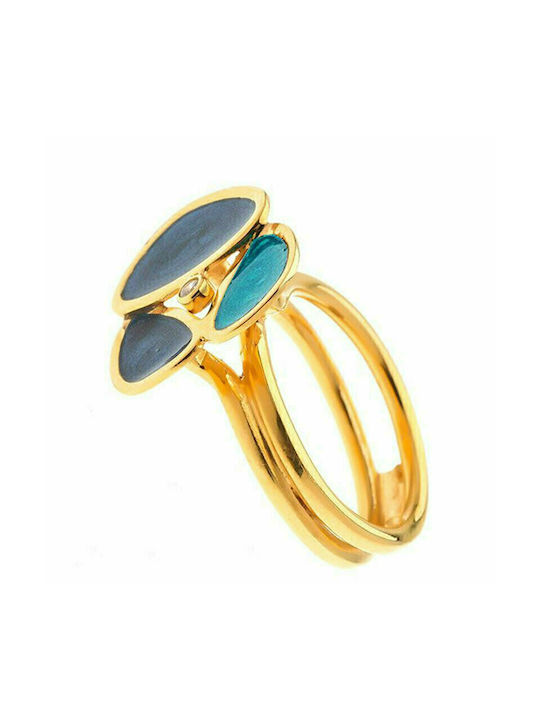 Women's silver gold plated pebble ring 925° with blue & turquoise enamel.