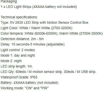 Arrango Ταινία LED USB 5V Φυσικό Λευκό Φως 1m Τύπου SMD2835 με Αισθητήρα Κίνησης & Τροφοδοτικό