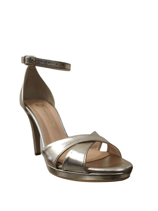 Stefania Platform Leather Women's Sandals with Ankle Strap Gold with Chunky High Heel