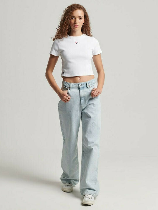 Superdry Damen Sportliches Crop Top Kurzärmelig Optic White