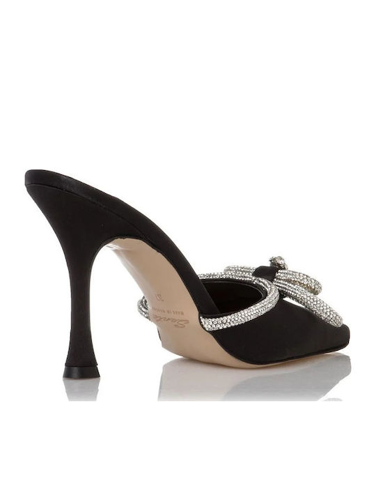 Satin Mules with Thin High Heel in Black Color
