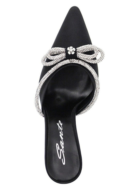 Satin Mules with Thin High Heel in Black Color