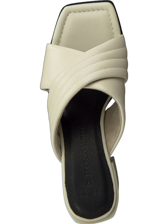 Leather Mules with Chunky High Heel in White Color