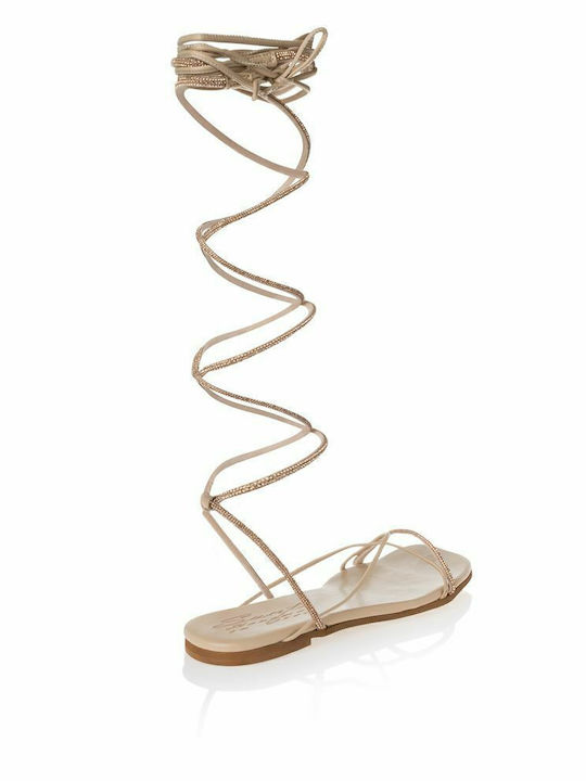 Leder Flache Sandalen Für Damen Beige