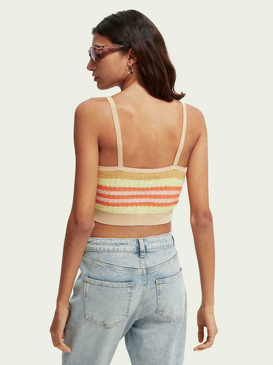 Scotch & Soda Women's Summer Crop Top Cotton with Straps & V Neckline Striped Beige