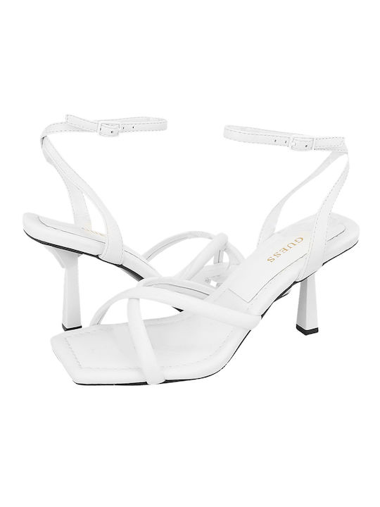 Leather Women's Sandals with Ankle Strap White with Thin High Heel