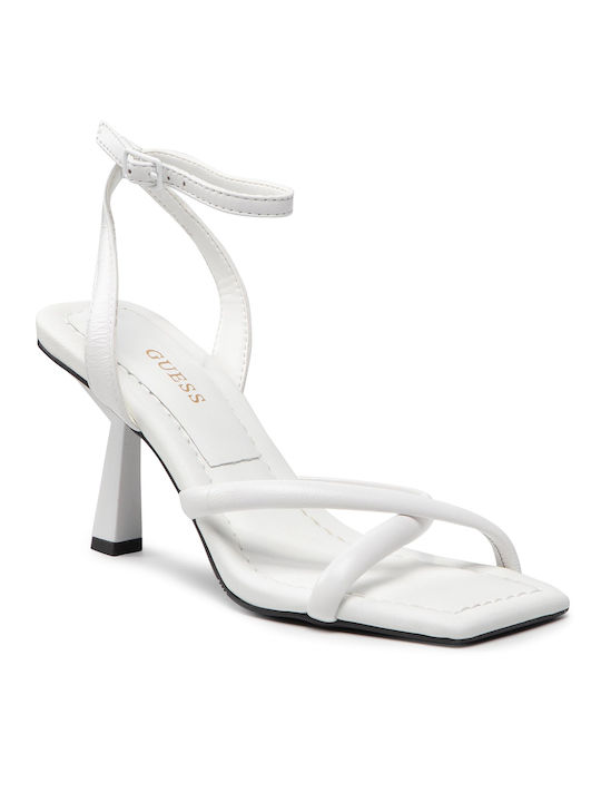 Leather Women's Sandals with Ankle Strap White with Thin High Heel