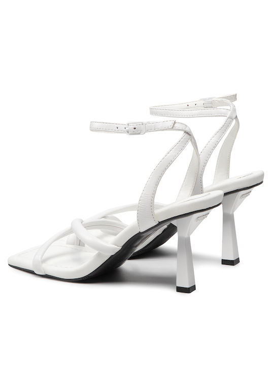 Leather Women's Sandals with Ankle Strap White with Thin High Heel