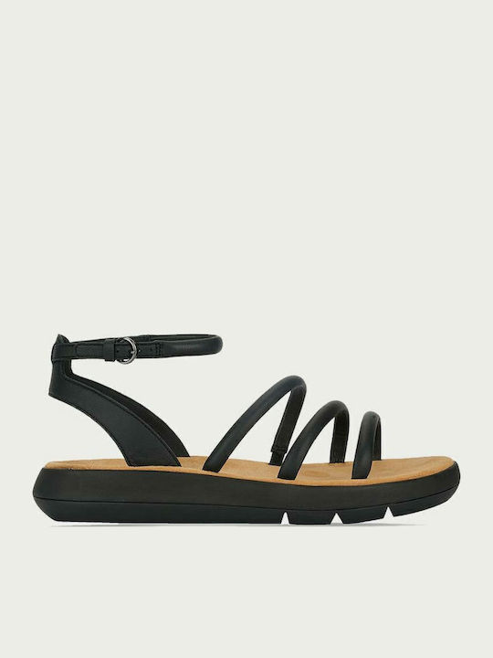 Jemsa Leather Women's Flat Sandals with Strap in Black Color