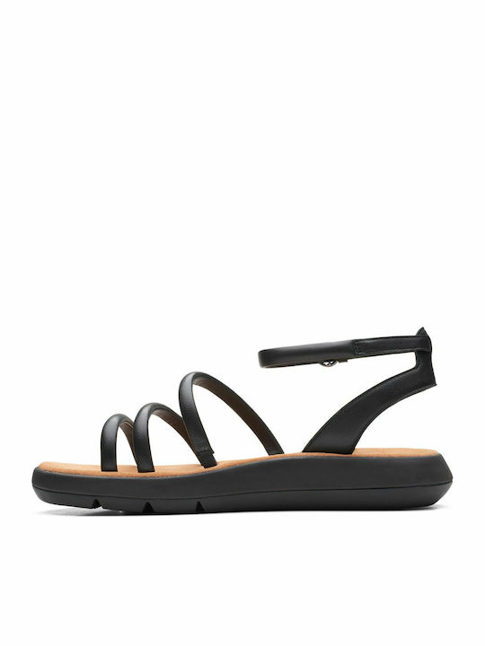 Jemsa Leather Women's Flat Sandals with Strap in Black Color