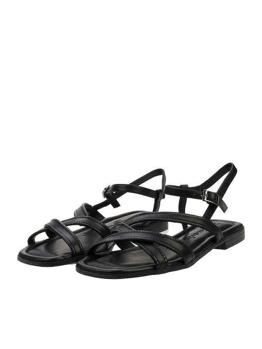 Leather Women's Flat Sandals with Strap in Black Color