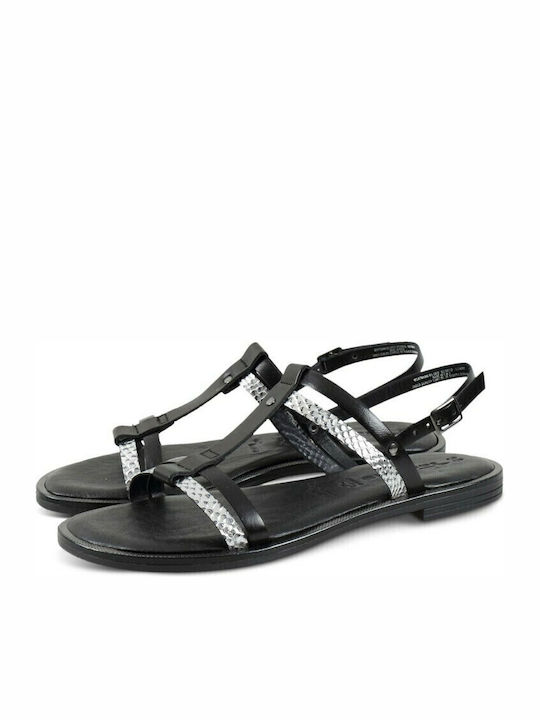 Leather Women's Flat Sandals with Strap in Black Color