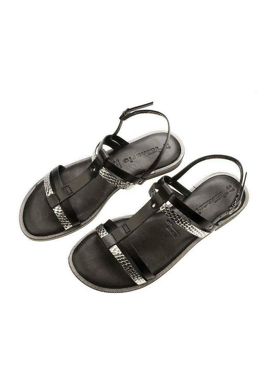 Leather Women's Flat Sandals with Strap in Black Color