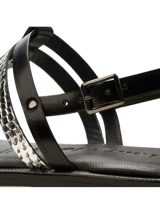 Leather Women's Flat Sandals with Strap in Black Color