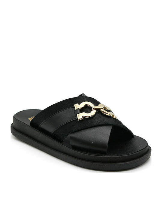 Leather Women's Flat Sandals Anatomic Flatforms in Black Color