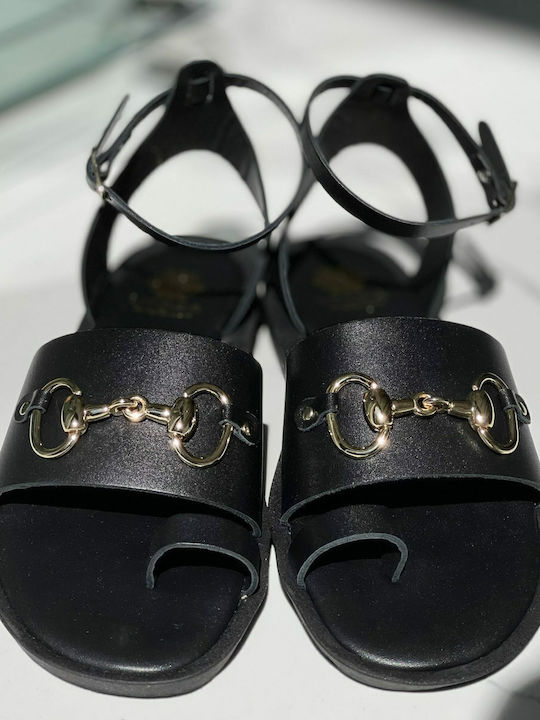 Leather Women's Flat Sandals with Strap in Black Color