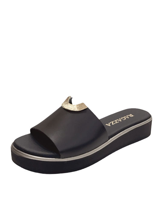Leather Women's Flat Sandals Anatomic Flatforms in Black Color
