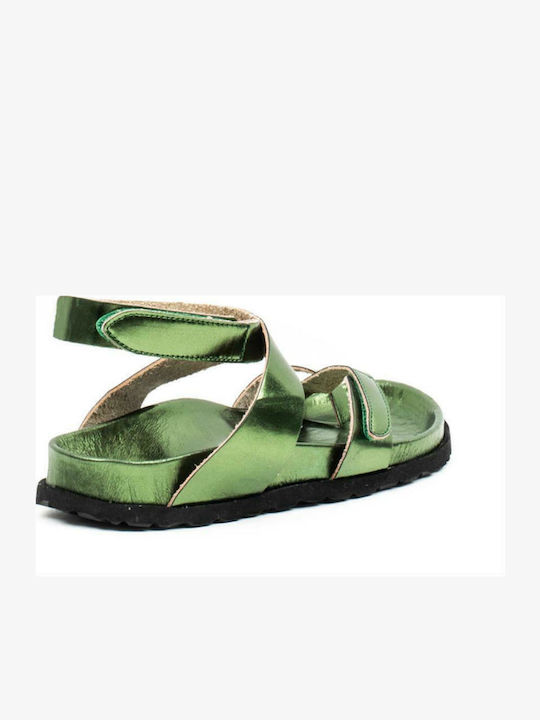 Majorca Met Leather Women's Flat Sandals in Green Color