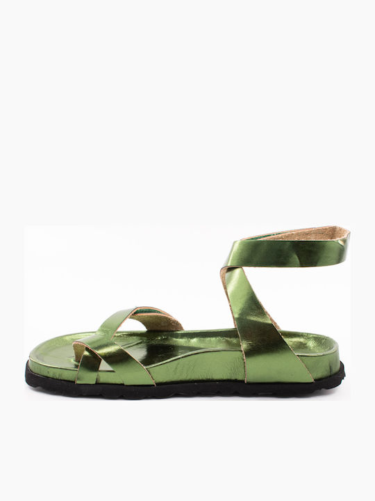Majorca Met Leather Women's Flat Sandals in Green Color