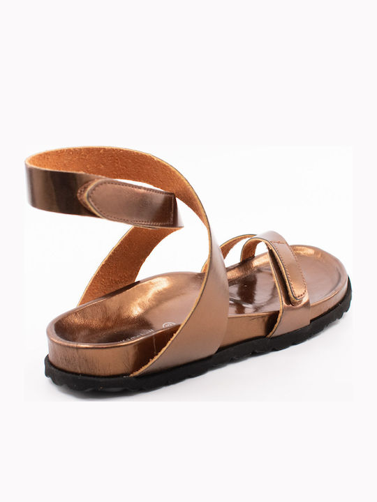 Majorca Met Leather Women's Flat Sandals with Strap in Brown Color