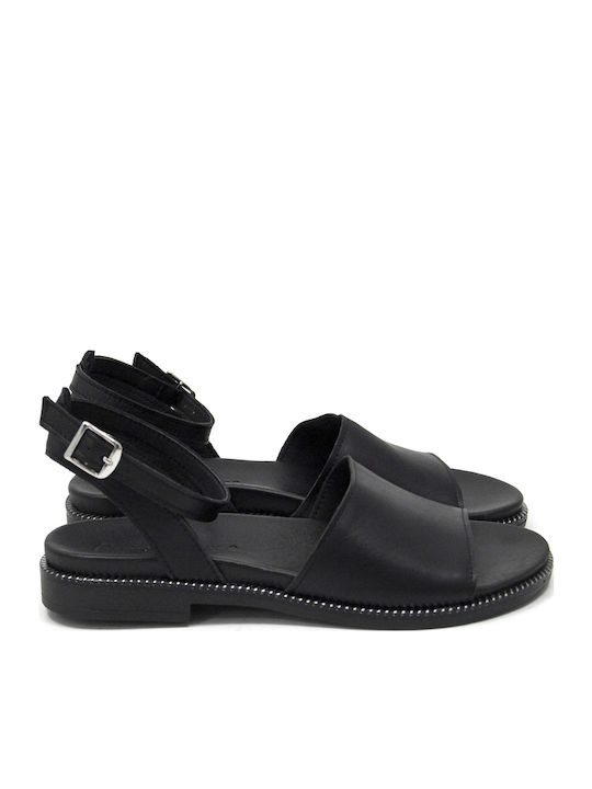 Leather Women's Flat Sandals Anatomic with Strap in Black Color