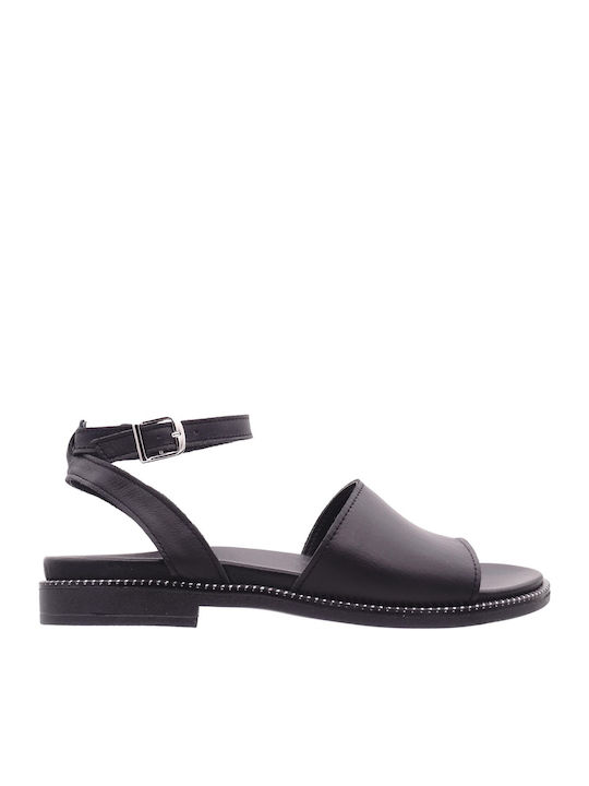 Leather Women's Flat Sandals Anatomic with Strap in Black Color