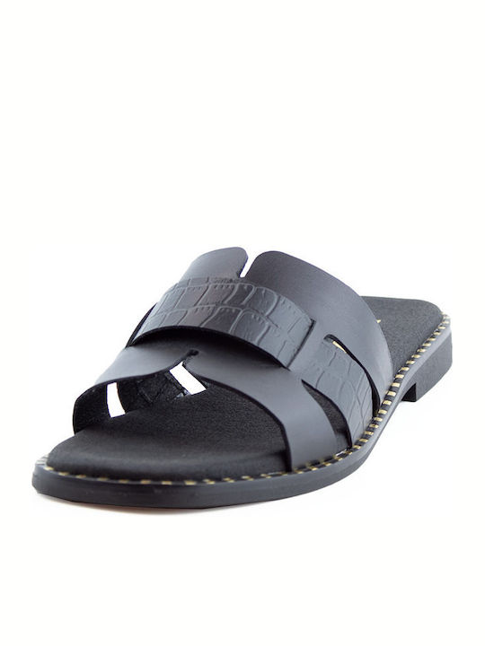 Leather Women's Flat Sandals in Black Color