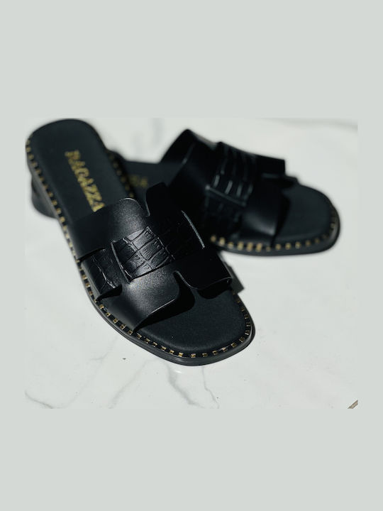 Leather Women's Flat Sandals in Black Color