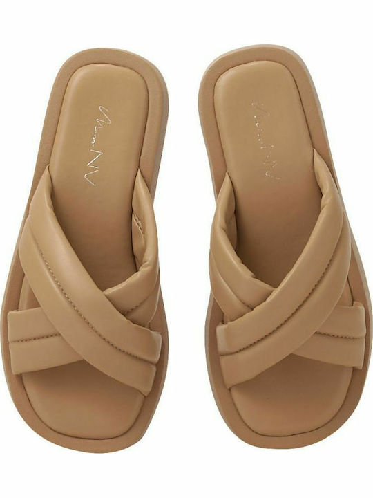 Leather Women's Flat Sandals Flatforms in Beige Color