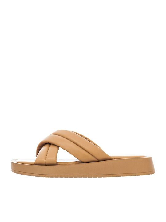 Leather Women's Flat Sandals Flatforms in Beige Color