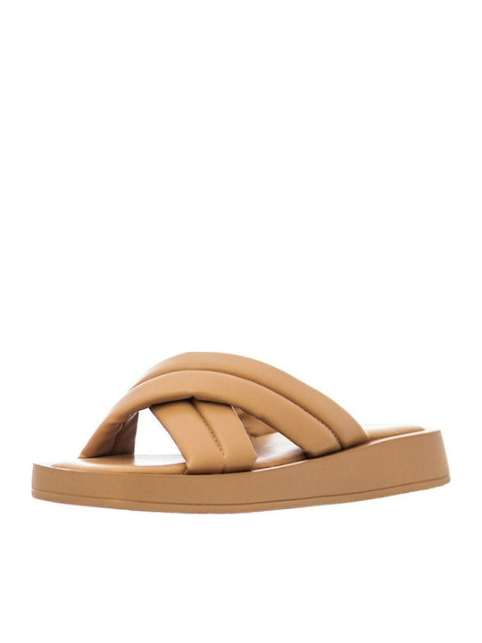 Leather Women's Flat Sandals Flatforms in Beige Color